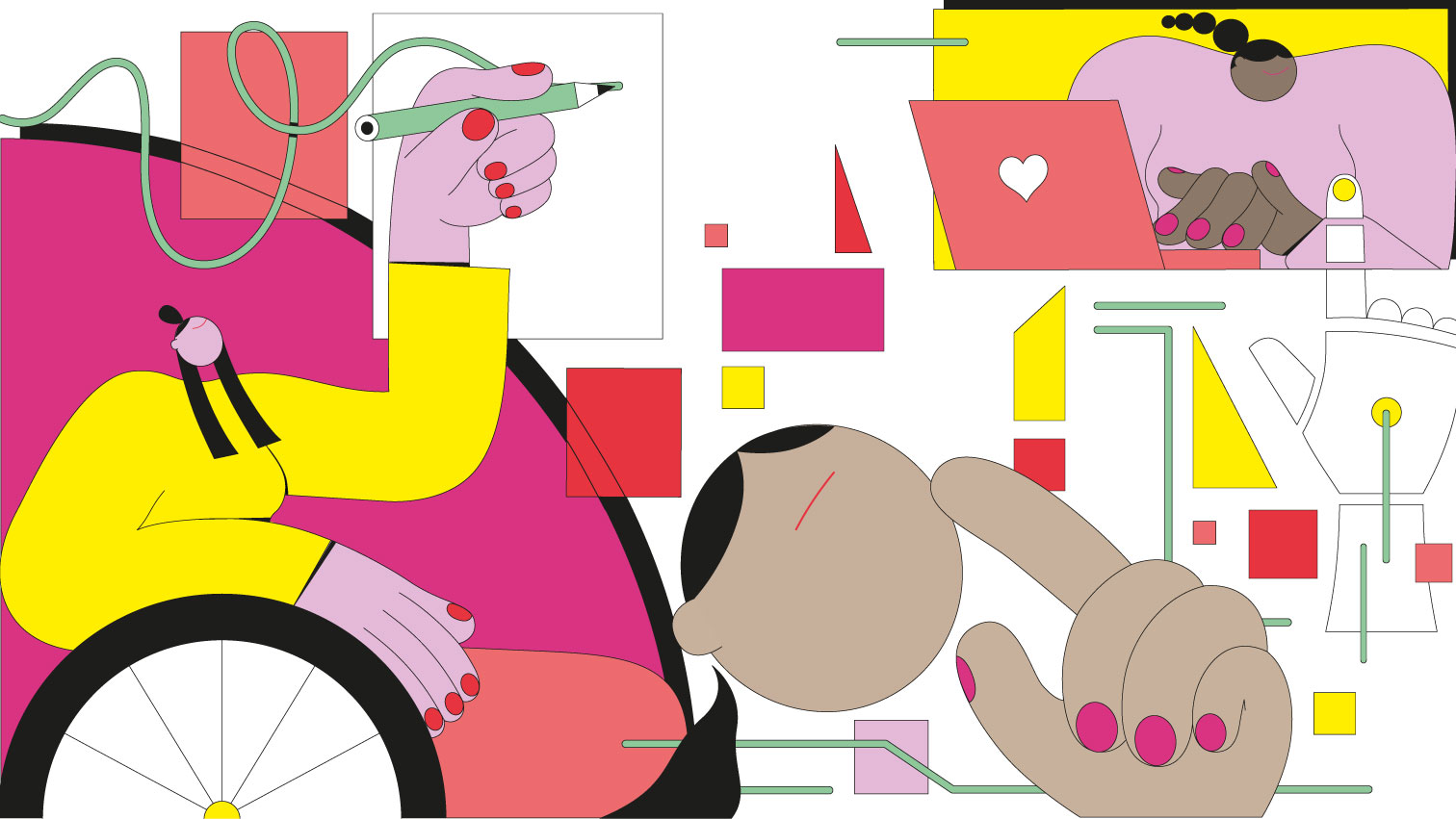 Stylized illustration of a person in a wheelchair holding a pen connected to a cable, drawing geometric shapes. Artwork by Anne Albert, visualizing inclusive hiring.