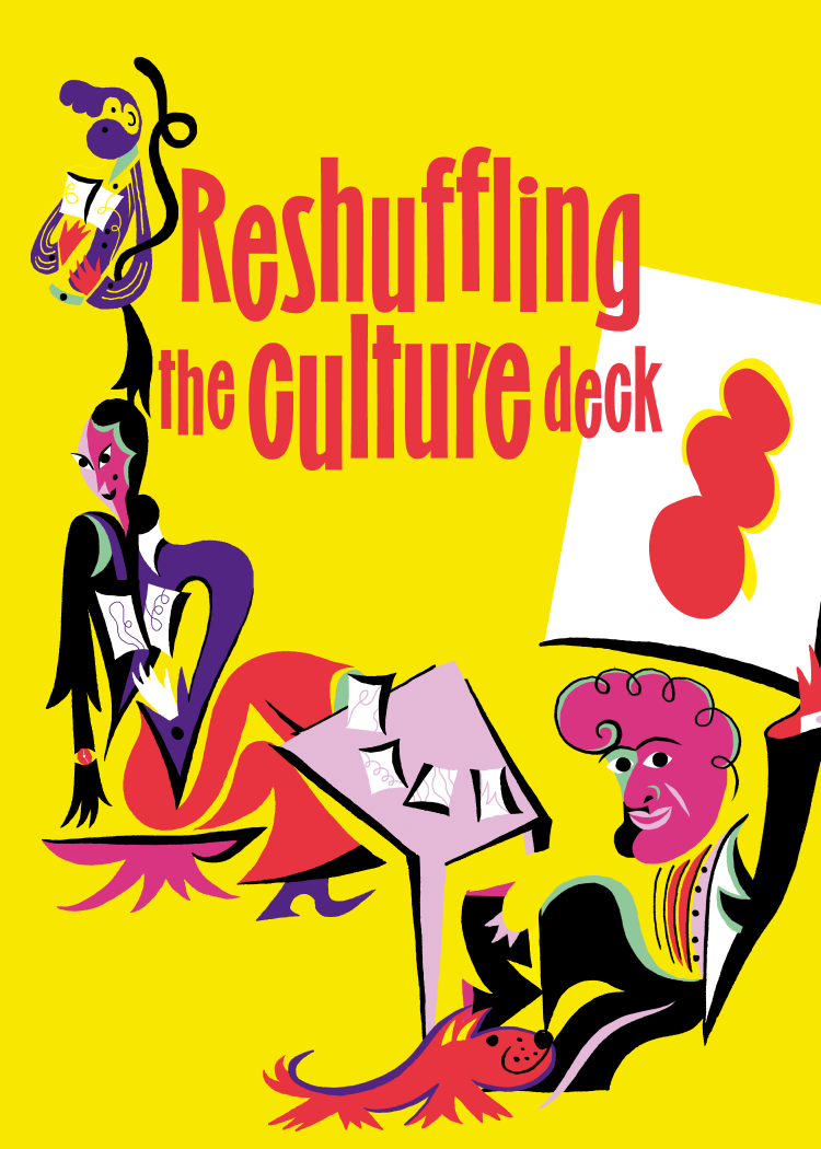 Think:Act Magazine cover illustration featuring playful characters assembled around a table with a deck of cards.