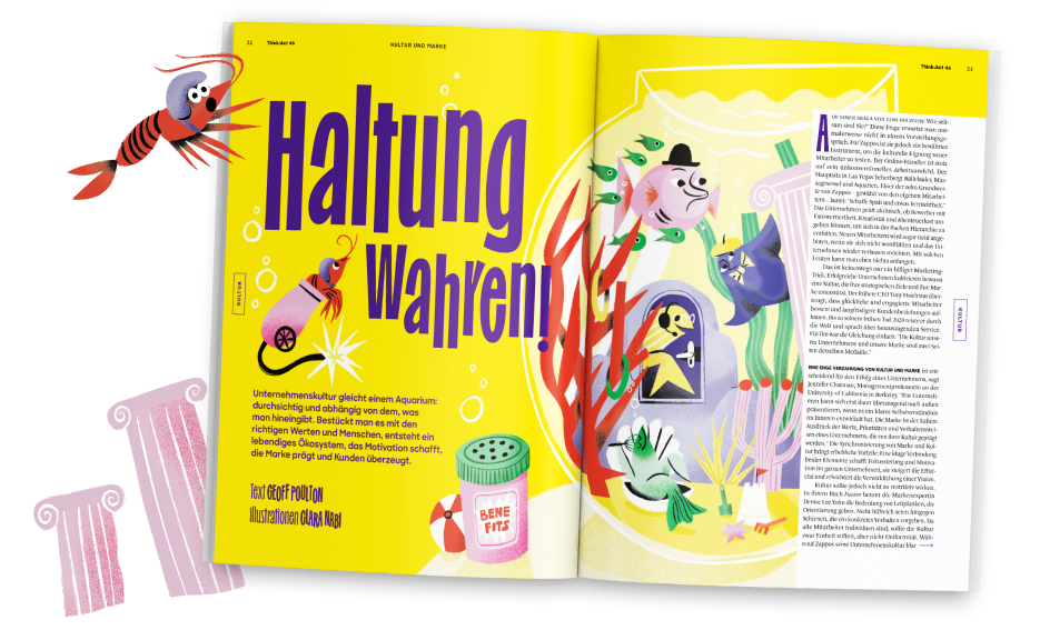 Aufgeschlagenes Magazin mit einem Artikel mit dem Titel „Haltung wahren!” auf leuchtend gelbem Hintergrund mit farbenfrohen Cartoon-Illustrationen, darunter Meerestiere, Unterwasserpflanzen und skurrile Figuren. Auf der linken Seite befinden sich der Titel des Artikels und der Einleitungstext, während die rechte Seite den Fließtext in Spalten enthält. Zu den dekorativen Elementen rund um das Magazin gehören illustrierte Tentakel, korallenartige Strukturen und andere verspielte Grafiken zum Thema Meer, die über die Ränder des Magazins hinausragen und eine immersive Unterwasserszene schaffen. 