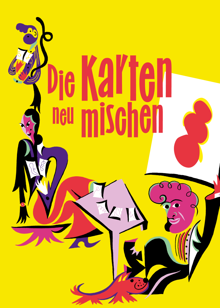 Titelbild des Think:Act-Magazins mit verspielten Figuren, die mit einem Kartenspiel um einen Tisch versammelt sind.