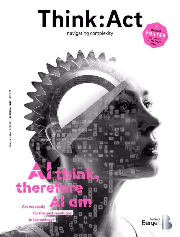 Think:Act Magazine cover with a white background and a black and white photo of a woman’s head and shoulders, but the top half of her head is a mechanical wheel to indicate technology. Face is covered with digital symbols. An octagon logo in magenta indicates that a poster is inside the magazine. 
