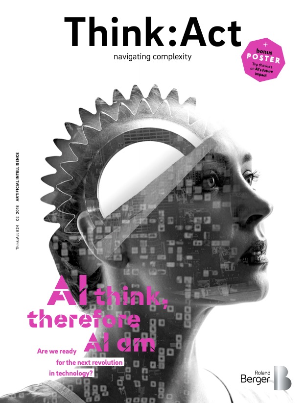 Think:Act Magazine cover with a white background and a black and white photo of a woman’s head and shoulders, but the top half of her head is a mechanical wheel to indicate technology. Face is covered with digital symbols. An octagon logo in magenta indicates that a poster is inside the magazine. 