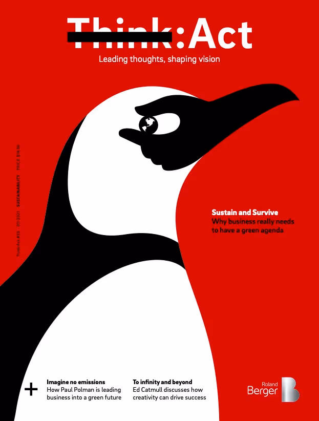 Think:Act magazine cover featuring a stylized black and white penguin set against a bold red background.