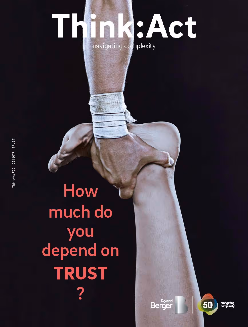 Think:Act Magazine cover with a black background, photo of a forearm and hand reaching down to clasp the ankle of a leg and foot shown raised from the lower half of the cover.