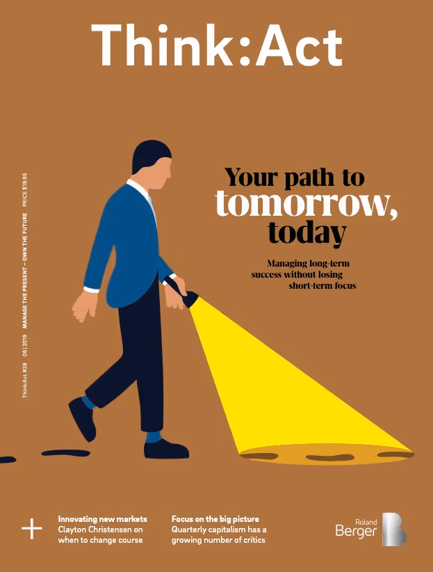 Think:Act Magazine cover with a gold-brown background and an illustration of a man shown to the side, wearing a blue blazer and black trousers, walking and shining a flashlight which he is holding in his left hand.