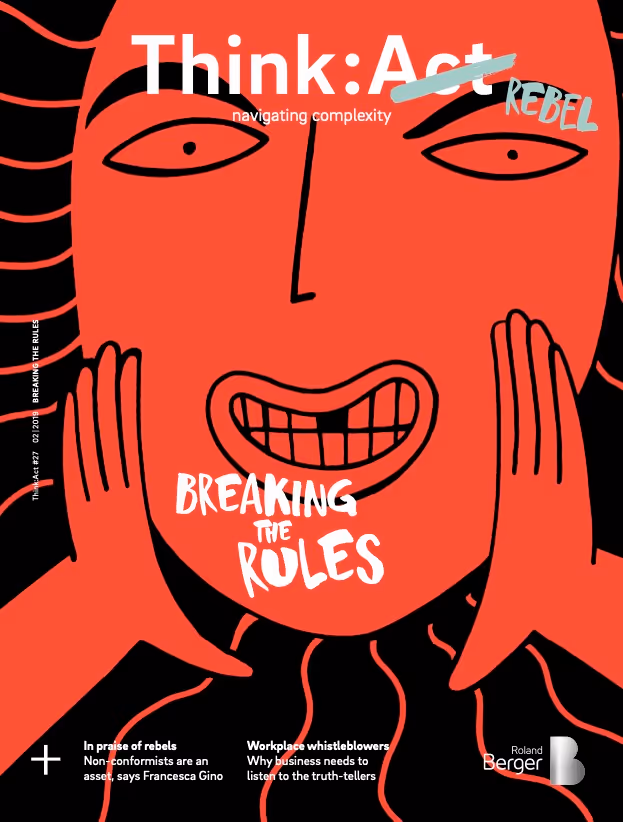 Think:Act Magazine cover showing an illustration in red and black of a large face facing forward with eyes open and hands cupped either side of an open mouth as if to shout something.