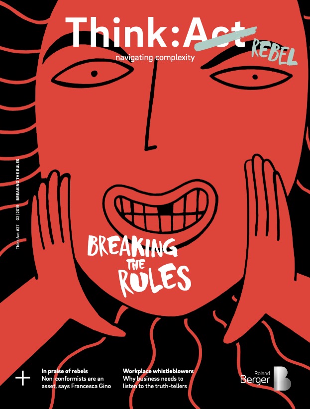 Think:Act Magazine cover showing an illustration in red and black of a large face facing forward with eyes open and hands cupped either side of an open mouth as if to shout something.