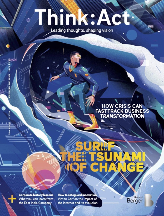 Think:Act Magazine cover depicting a person in a business suit surfing on a large wave, symbolizing navigating through challenges.