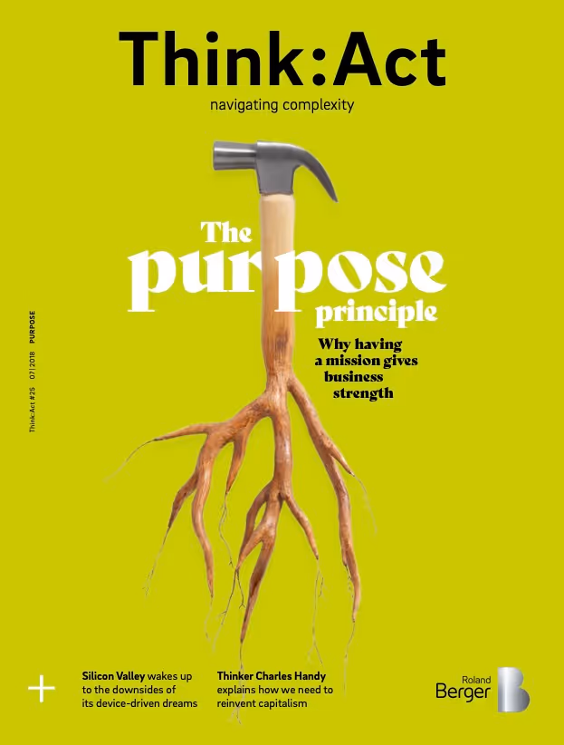 Think:Act Magazine cover with a yellow-green background, a photo of a hammer in the center with the metal head above and the handle below, which halfway down onwards is displayed as tree roots.
