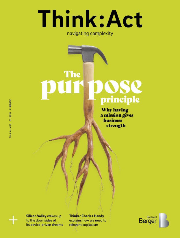 Think:Act Magazine cover with a yellow-green background, a photo of a hammer in the center with the metal head above and the handle below, which halfway down onwards is displayed as tree roots.
