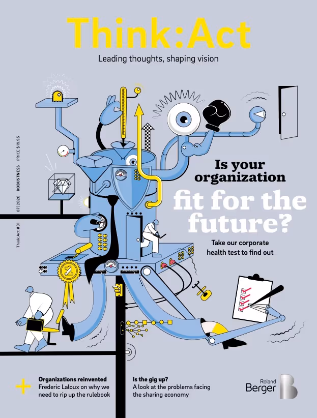 Think:Act Magazine cover with a gray background and an illustration of an unspecific piece of machinery with human elements including an eye, foot and men in white lab coats emerging from it, plus a clipboard showing several points checked off. 