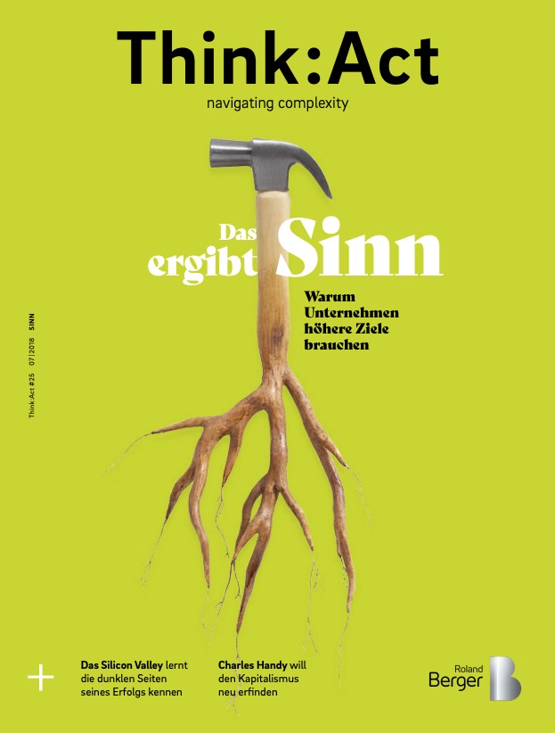 Think:Act Magazin-Cover mit gelbgrünem Hintergrund, in der Mitte ein Foto eines Hammers, dessen Metallkopf oben und dessen Stiel unten zu sehen ist, der ab der Mitte als Baumwurzeln dargestellt ist.