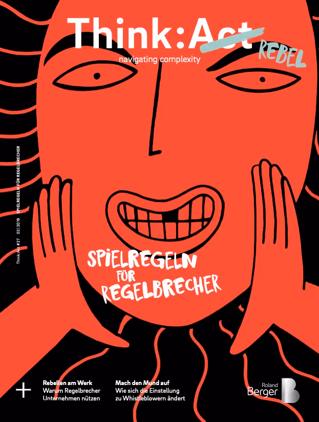 Think:Act Magazin-Cover mit einer Illustration in Rot und Schwarz, die ein großes Gesicht zeigt, das nach vorne blickt, mit offenen Augen und den Händen zu beiden Seiten des offenen Mundes, als wolle es etwas rufen.