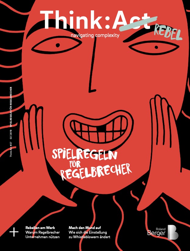 Think:Act Magazin-Cover mit einer Illustration in Rot und Schwarz, die ein großes Gesicht zeigt, das nach vorne blickt, mit offenen Augen und den Händen zu beiden Seiten des offenen Mundes, als wolle es etwas rufen.