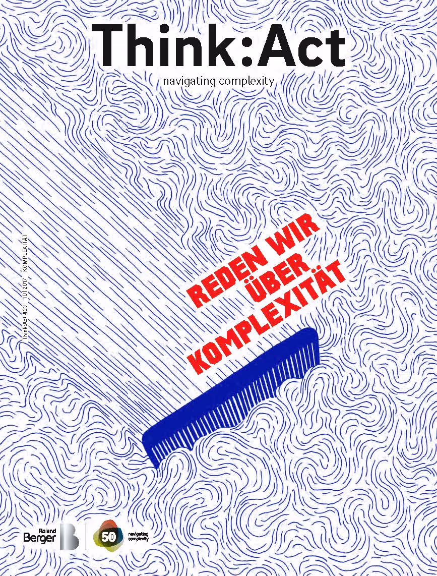 Think:Act Magazin-Cover mit einer Illustration von lockigem Haar und einem kleinen blauen Kamm, der von links nach rechts durch einen Teil davon gekämmt hat.