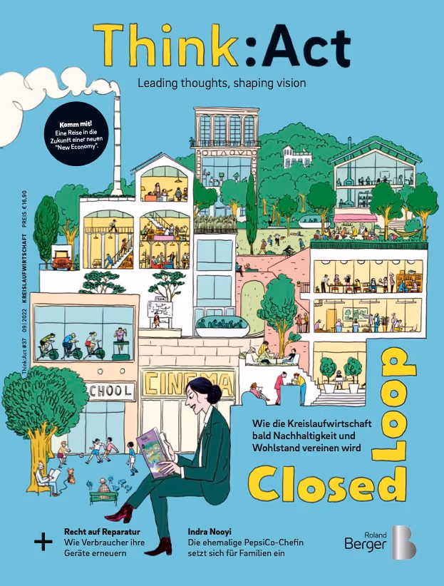 Think:Act Magazin-Cover mit einer illustrierten Szene einer lebendigen, nachhaltigen Gemeinschaft. Es zeigt Häuser, umgeben von Grünflächen, eine Schule und ein Kino, in dem Menschen aktiv verschiedenen Aktivitäten nachgehen. Im Vordergrund sitzt eine Person auf einer Bank und liest eine Zeitschrift.