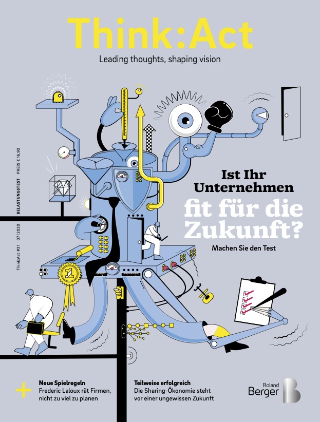 Think:Act Magazin-Cover mit grauem Hintergrund und einer Illustration einer nicht näher bezeichneten Maschine mit menschlichen Elementen wie einem Auge, einem Fuß und Männern in weißen Laborkitteln, die aus ihr hervortreten, sowie einem Klemmbrett, auf dem mehrere Punkte abgehakt sind.