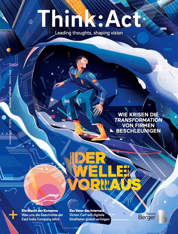 Think:Act Magazin-Cover mit einer Person in einem Business-Anzug, die auf einer großen Welle surft und damit symbolisch Herausforderungen meistert.