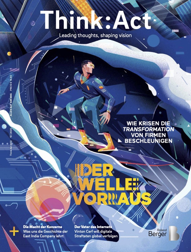 Think:Act Magazin-Cover mit einer Person in einem Business-Anzug, die auf einer großen Welle surft und damit symbolisch Herausforderungen meistert.