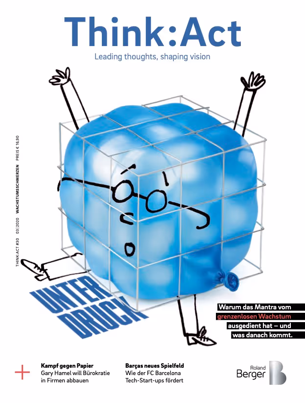 Think:Act Magazin-Cover mit weißem Hintergrund und einer Illustration eines aufgeblasenen eisblauen Ballons, der in einen würfelförmigen Käfig gequetscht ist. Der Ballon hat eine Brille, Augenbrauen, eine Nase und einen Mund, die mit einem schwarzen Filzstift aufgemalt sind, sowie erhobene Arme und Hände und ausgestreckte Beine und Füße.