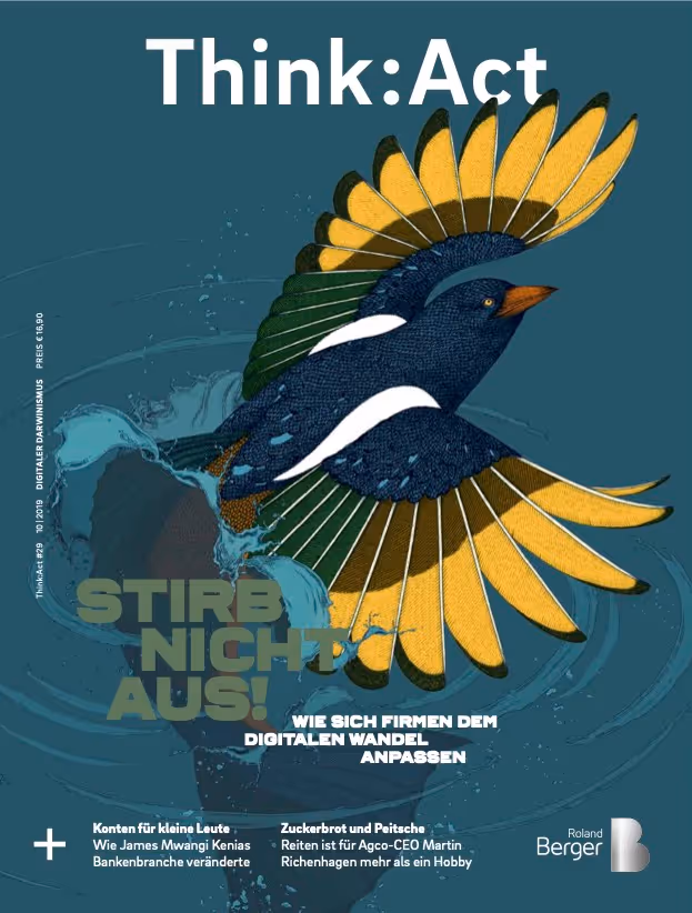 Think:Act Magazin-Cover mit blaugrauem Hintergrund und einer Illustration eines fliegenden Vogels, der seine braun- und goldgelben Flügel ausbreitet und von links unten nach rechts oben aus einem Wasserbecken herausfliegt.