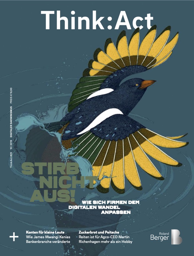 Think:Act Magazin-Cover mit blaugrauem Hintergrund und einer Illustration eines fliegenden Vogels, der seine braun- und goldgelben Flügel ausbreitet und von links unten nach rechts oben aus einem Wasserbecken herausfliegt.