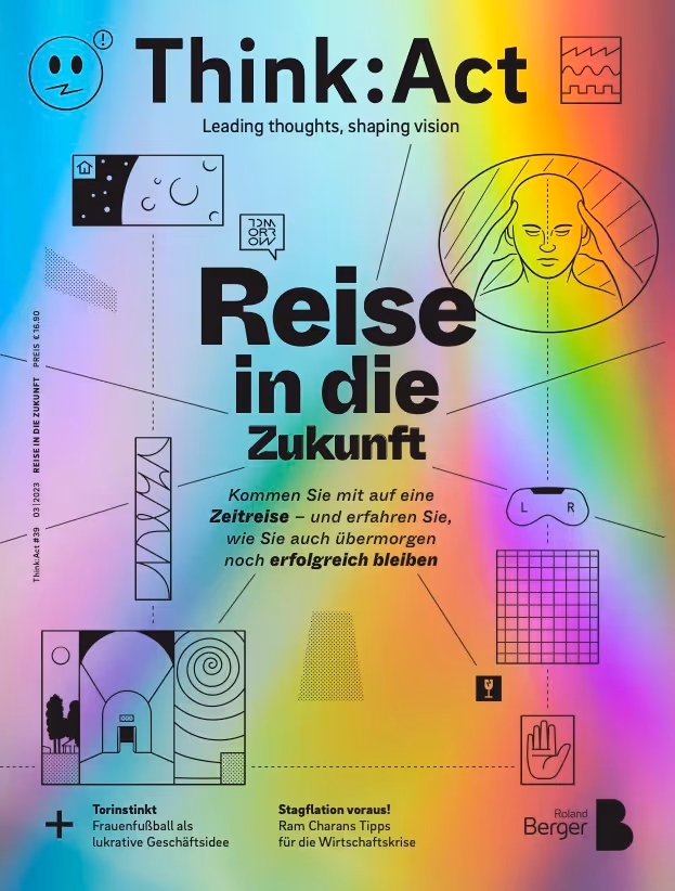 Titelseite des Think:Act-Magazins mit einem Hintergrund in Regenbogenfarben, der Überschrift „Reise in die Zukunft“, abstrakten Symbolen wie einem Smiley und geometrischen Formen sowie Artikeln über Frauenfußball und Stagflation.