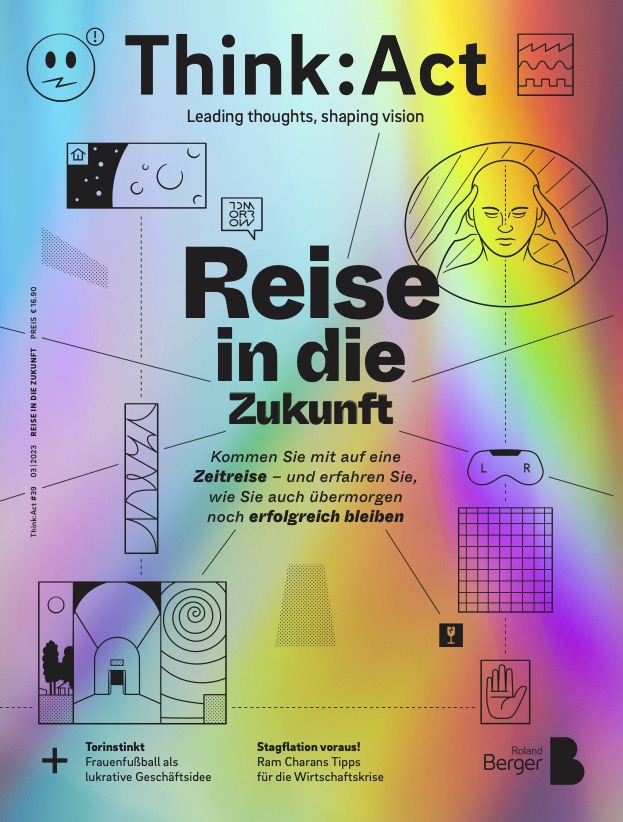 Titelseite des Think:Act-Magazins mit einem Hintergrund in Regenbogenfarben, der Überschrift „Reise in die Zukunft“, abstrakten Symbolen wie einem Smiley und geometrischen Formen sowie Artikeln über Frauenfußball und Stagflation.