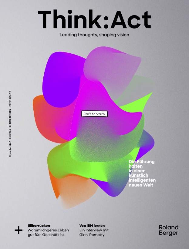 Titelseite des Think:Act-Magazins mit abstrakten, sich überlappenden Formen in Lila, Grün, Orange und Rosa. In einem kleinen Textfeld in der Mitte steht „Hab keine Angst”.