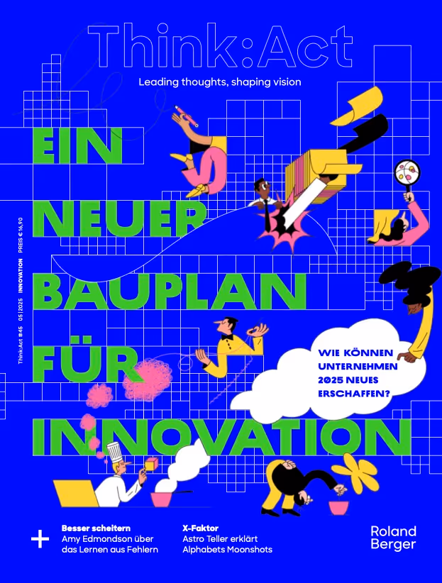 Think:Act-Magazin-Cover mit blauem Hintergrund und abstrakten Illustrationen von Menschen, die kreativen Tätigkeiten nachgehen.