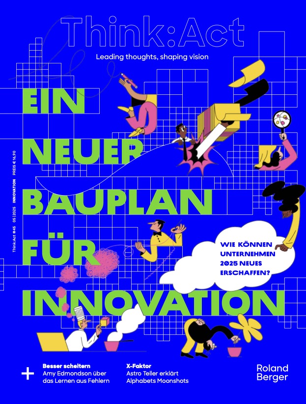 Think:Act-Magazin-Cover mit blauem Hintergrund und abstrakten Illustrationen von Menschen, die kreativen Tätigkeiten nachgehen.