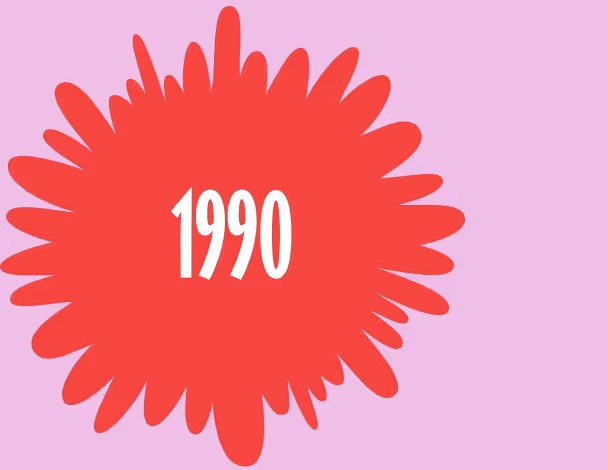 Red sunburst or dandelion-shaped design with white text reading '1990' centered inside.