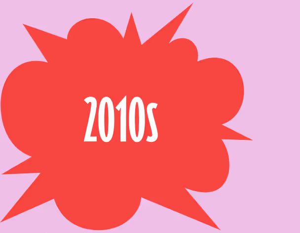 Red cloud-like burst shape with jagged spikes extending outward and white text reading '2010s' centered inside.