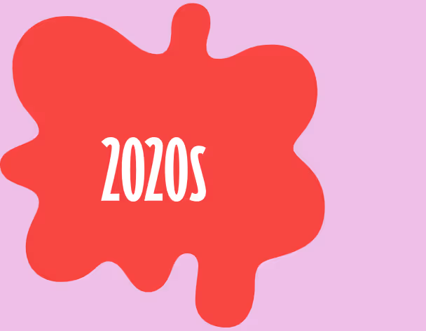 Red irregular amoeba or splat-shaped design with white text reading '2020s' centered inside.