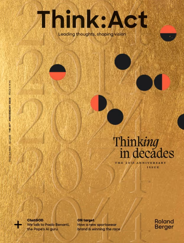 Think:Act magazine cover with a gold background featuring embossed years from 2020 to 2044. Black and red circular shapes are scattered across the design. Bold headline reads “Thinking in decades – The 20th Anniversary Issue.”