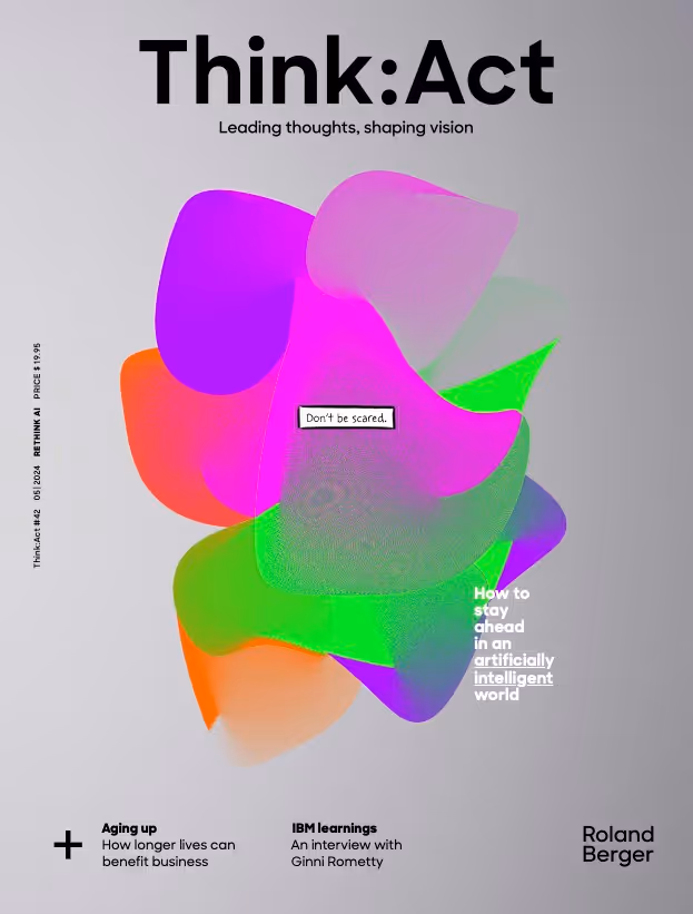 Think:Act magazine cover with abstract, overlapping shapes in purple, green, orange, and pink. A small central text box reads “Don’t be scared.” 