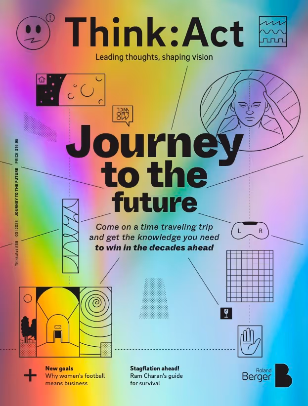 Think:Act magazine cover with a rainbow gradient background, headline “Journey to the future,” abstract icons including a smiley face and geometric shapes, and featured articles on women’s football and stagflation. Roland Berger logo at bottom.