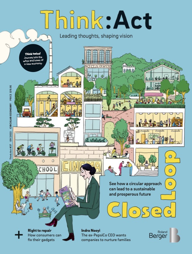 Think:Act magazine cover featuring an illustrated scene of a vibrant, sustainable community. It includes houses surrounded by greenery, a school, and a cinema with people actively engaging in various activities. A person sits on a bench reading a magazine in the foreground.