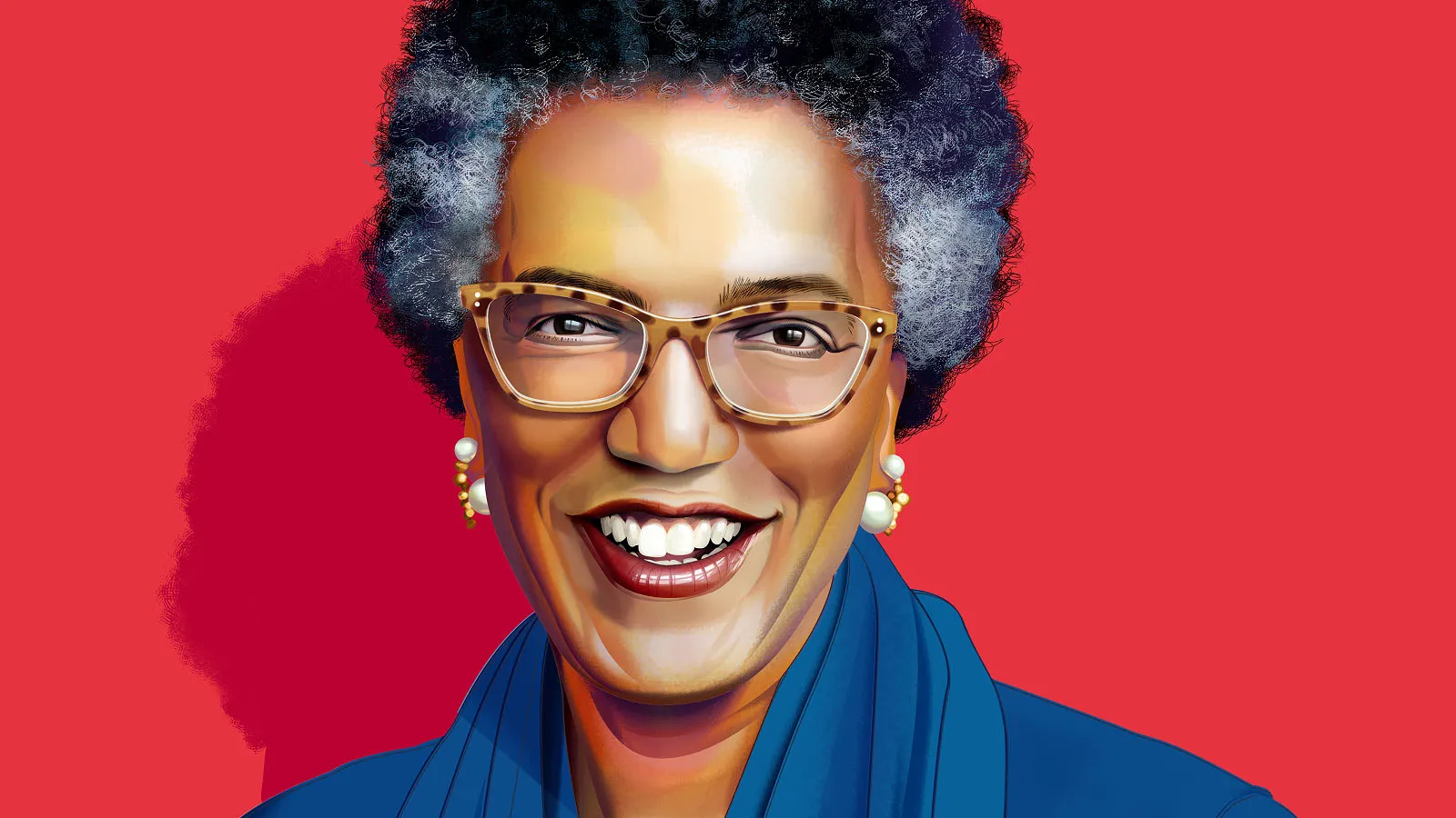 Farbenfrohes, illustriertes Porträt einer lächelnden Frau, Linda Hill, mit kurzen, lockigen Haaren, Brille, Perlenohrringen und blauem Outfit. Der Hintergrund ist kräftig rot. Illustration von Nigel Buchanan.