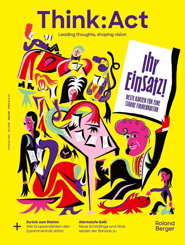 Titelbild von Think:Act #46, der Kulturausgabe. Vor gelbem Hintergrund spielen bunte Figuren an einem Tisch ein Spiel. Eine Figur mit rosa Haut, toupiertem Haar und schwarzem Anzug hält ein Schild mit der Aufschrift „Ihr Einsatz!“, das die Spieler symbolisiert.