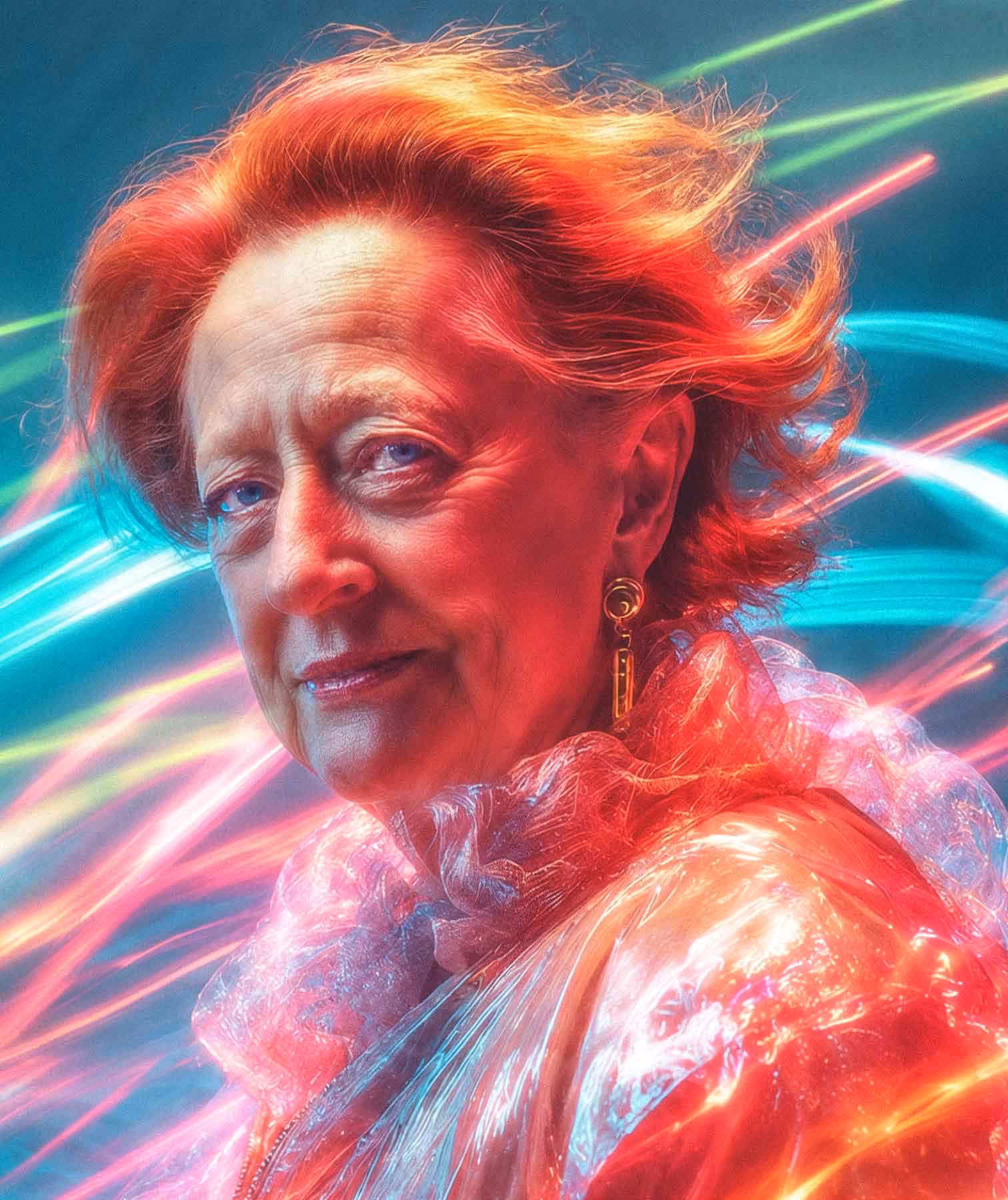Margaret Heffernan blickt ruhig zum Betrachter, Gesicht und Haare werden von einem dramatischen, warmroten Leuchten erhellt. Sie trägt ein stark strukturiertes, schillerndes, durchscheinendes Gewand, während dynamische Streifen aus cyanfarbenem, grünem und rosafarbenem Neonlicht über den dunkelblauen Hintergrund hinter ihr fegen.