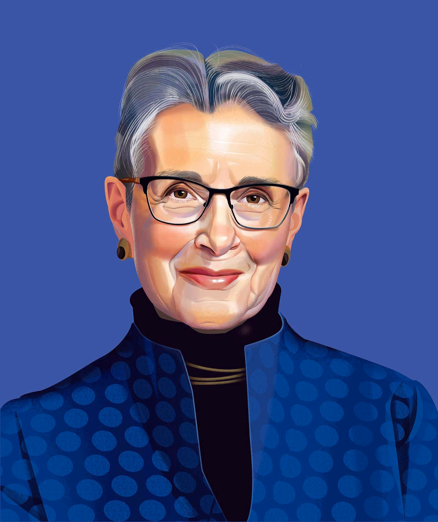 A portrait illustration of Teresa Amabile. She has short grey hair and black-rimmed glasses. She wears a black turtleneck and a blue polka-dot jacket against a solid blue background.