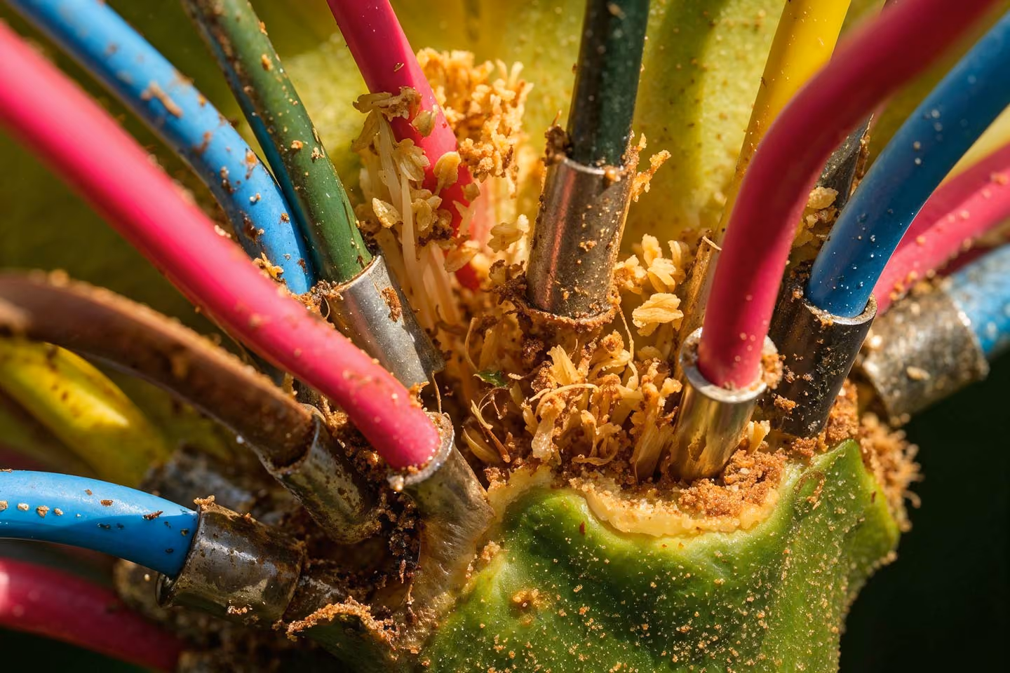 Brightly colored electrical wires with metal connectors sprout directly from the textured, pollen-covered center of a green plant.