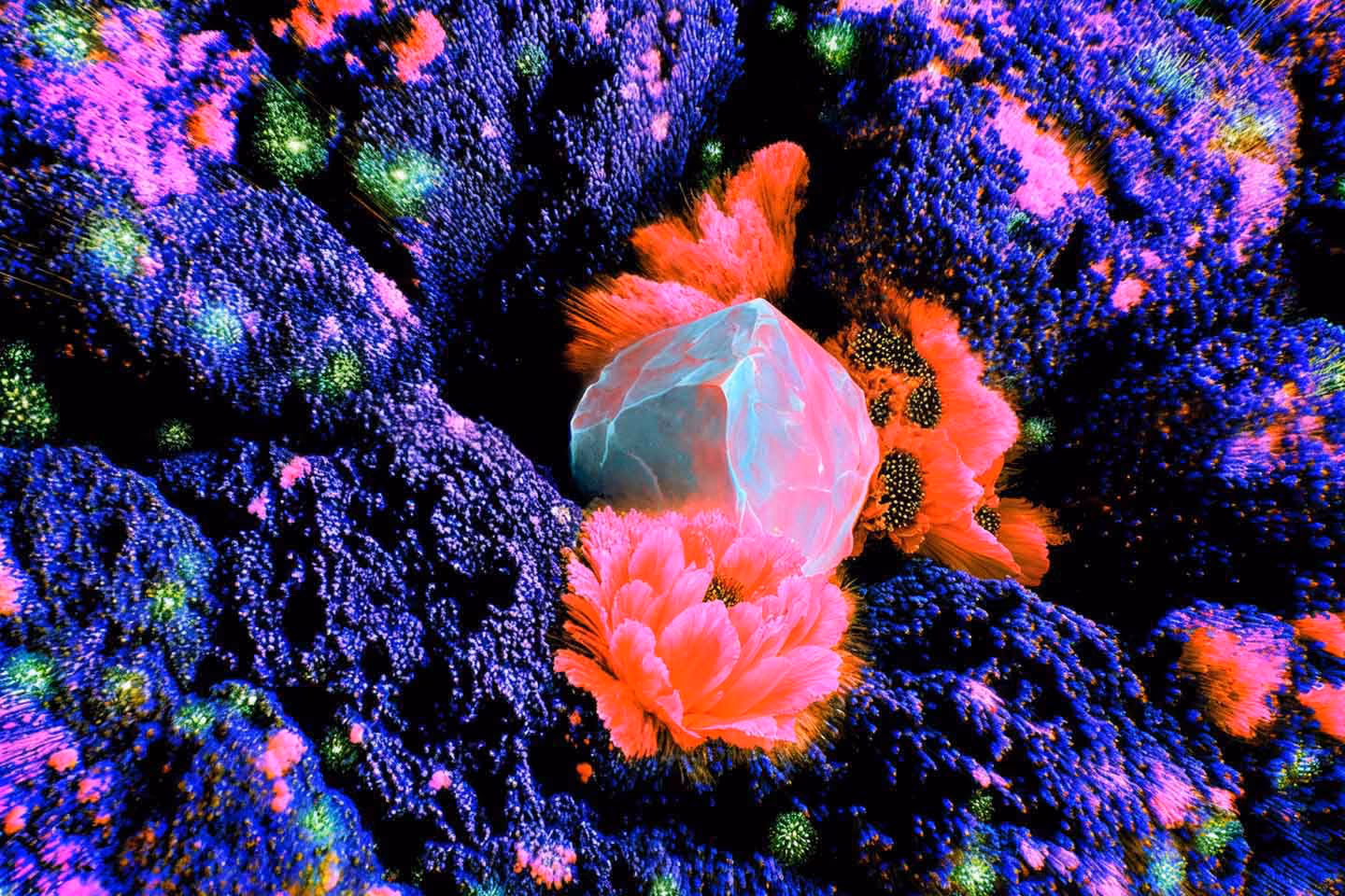 A pale, translucent crystal rests among vibrant neon pink floral blooms and dense, dark purple textures resembling microscopic terrain, dotted with glowing green specks.