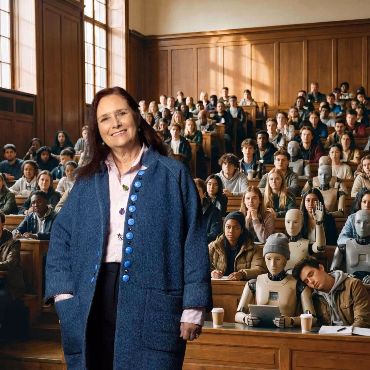Kay Firth-Butterfield smiles in the foreground, wearing a long blue jacket with bright blue buttons. She stands in a traditional, wood-paneled university lecture hall where the tiered desks are filled with a crowd of human students mixed with humanoid robots. One robot has its hand raised, while a human student sleeps on the shoulder of another robot in the front row.