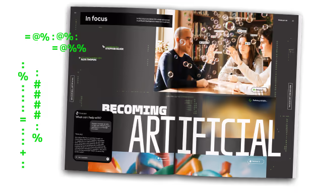 A mockup from inside the pages of Think:Act 48, with the print cover story “Becoming Artificial” and the cover image generated by Alys Thomas, showcasing three people sitting in a library, grasping at bubbles and texticons.