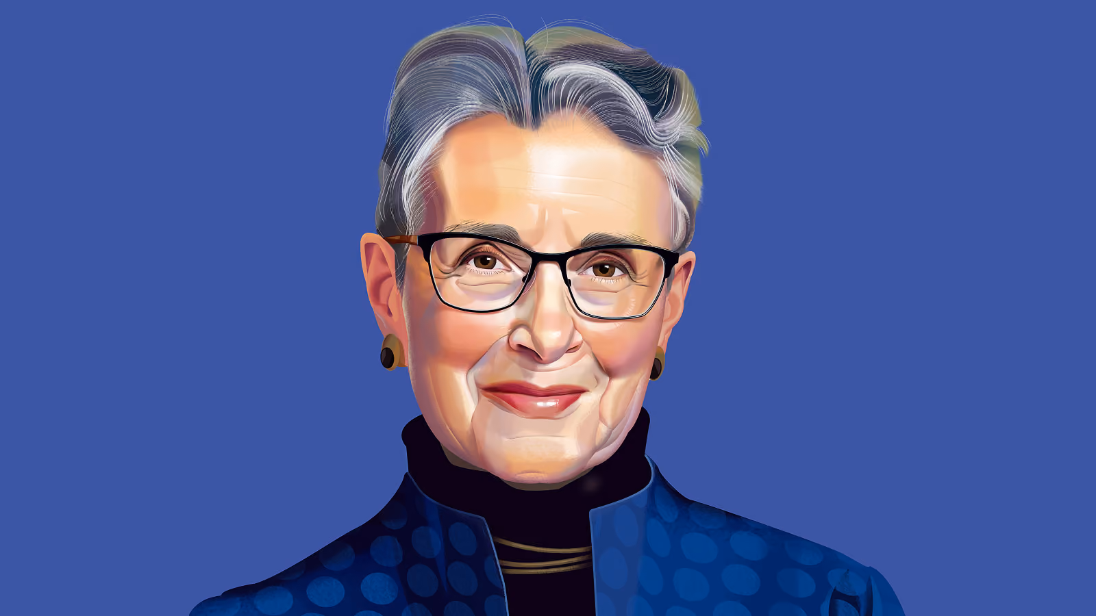 A portrait illustration of Teresa Amabile. She has short grey hair and black-rimmed glasses. She wears a black turtleneck and a blue polka-dot jacket against a solid blue background.