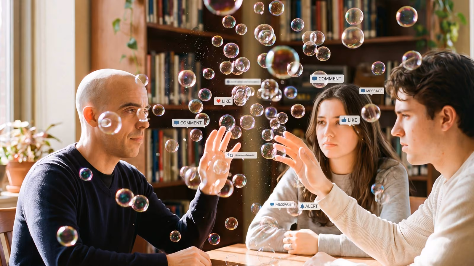 Three people gaze intently at a cluster of floating iridescent bubbles mixed with digital social media notification tags, such as 'like' and 'comment', suspended in mid-air in a library.