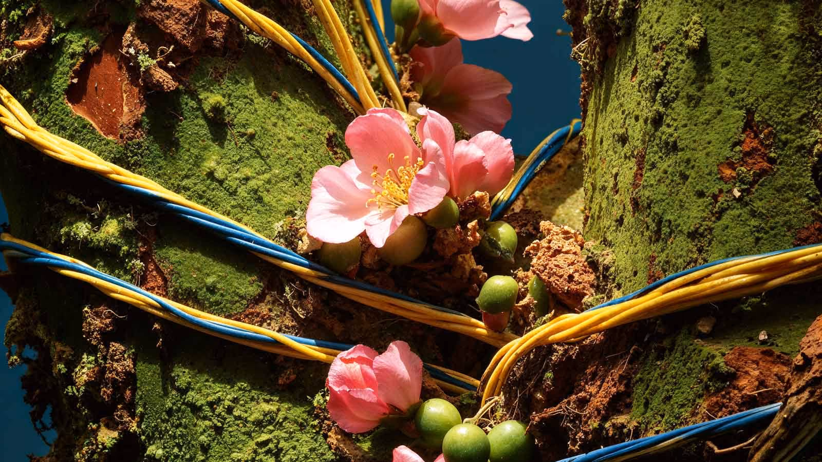 Glowing yellow light beams weave like electrical currents through textured, green, bark-like branches blooming with delicate pink flowers.