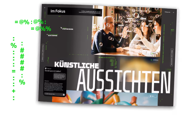 Ein Mock-up aus dem Inneren der Ausgabe 48 von Think:Act mit der Titelgeschichte „Künstliche Aussichten" und dem von Alys Thomas generierten Titelbild, das drei in einer Bibliothek sitzende Personen zeigt, die nach Blasen und Text-Icons greifen.